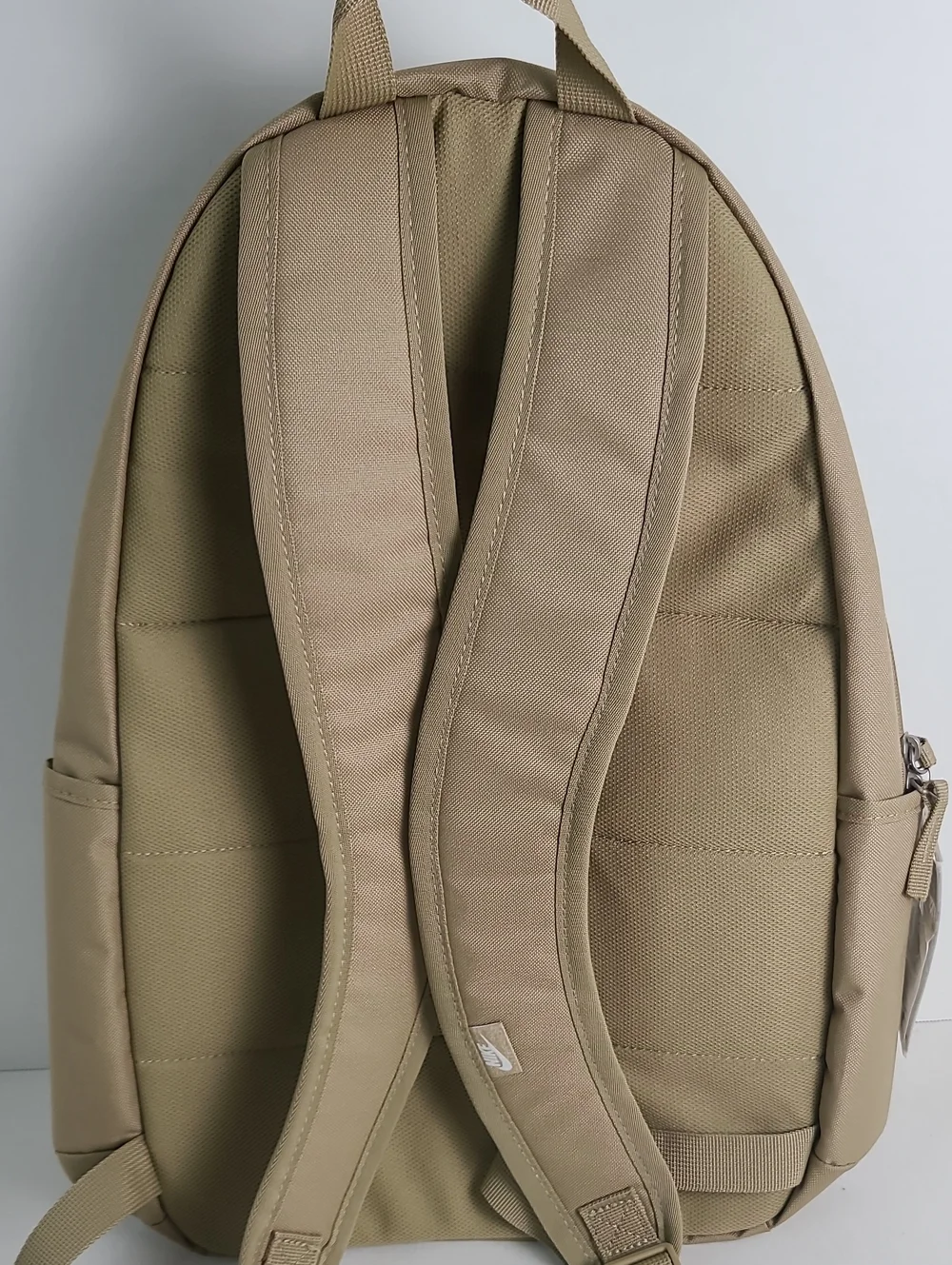 NWT NIKE Mulriple Zip Compartment Pockets Backpack Tan Beige with White Logo